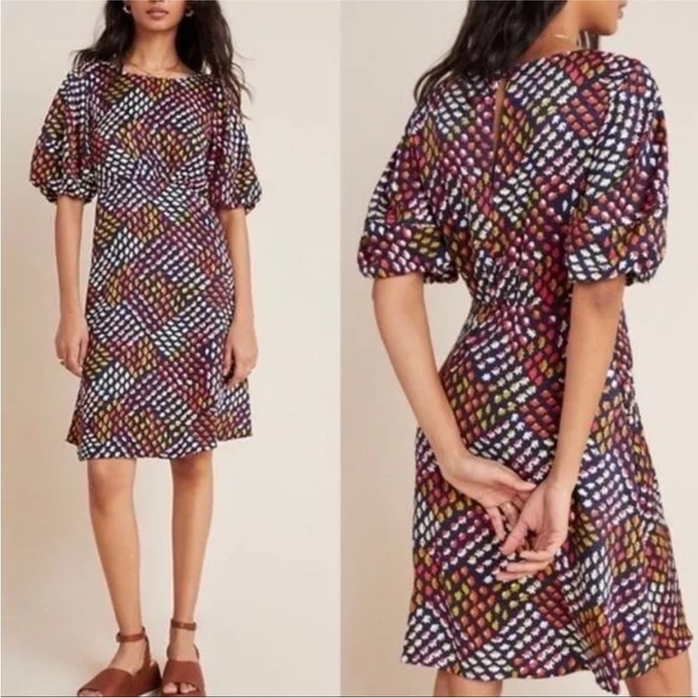 Maeve Anthropologie Blue and Orange A-line Midi Dress with Puff Sleeves